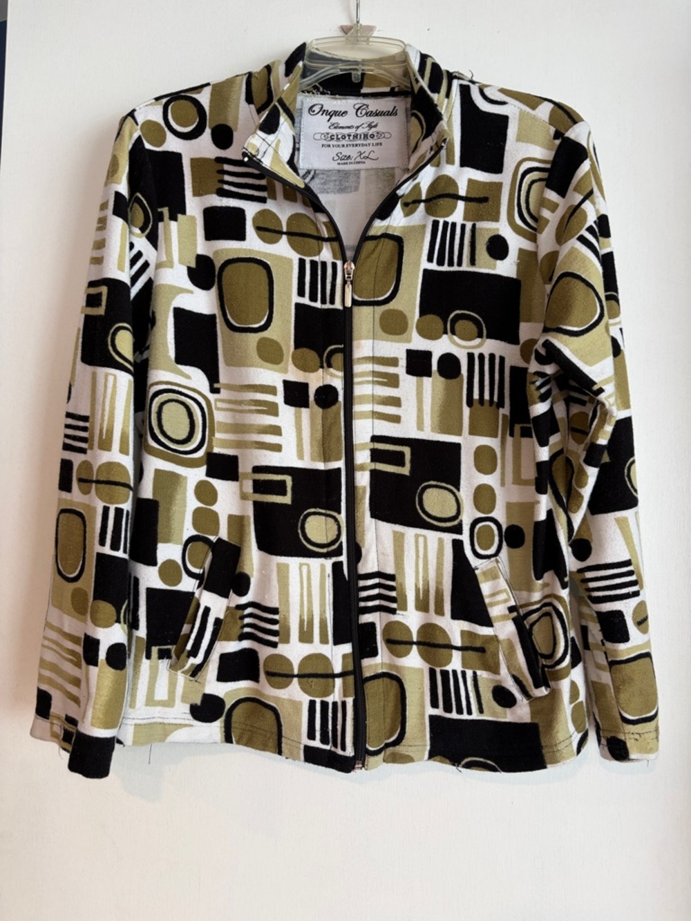 Onque Casuals Olive, Black & White Geometric Zip Jacket